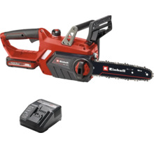 Ferăstrău cu lanț cu acumulator Einhell roșu cu lungimea lamei de 25 centimetri, inclusiv încărcător și acumulator.