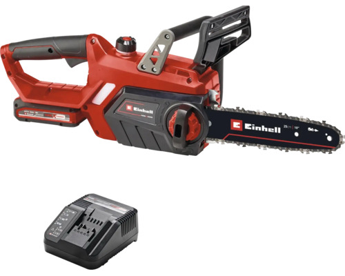 Ferăstrău cu lanț cu acumulator Einhell roșu cu lungimea lamei de 25 centimetri, inclusiv încărcător și acumulator. Ferăstrău cu lanț cu acumulator Einhell roșu cu lungimea lamei de 25 centimetri, inclusiv încărcător și acumulator.