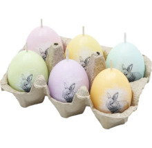 Șase lumânări în formă de ou cu motiv de iepure într-o cutie de ouă