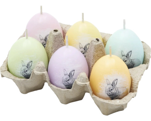 Set lumânări LCA ouă Paște model iepure 6 buc. Șase lumânări în formă de ou cu motiv de iepure într-o cutie de ouă