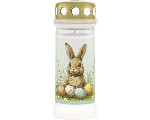Candelă Bolsius cu capac model iepure durata de ardere 70 h Lumânare de mormânt cu motiv de iepure și ouă de Paște