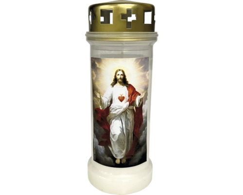 Candelă Bolsius cu capac model Înviere durata de ardere 70 h Lumânare de mormânt cu motiv Isus și model cu cruce pe capac