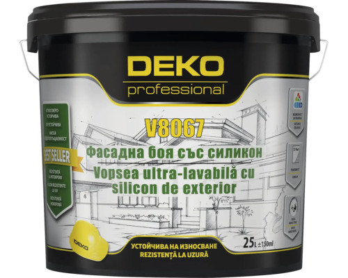 Vopsea ultra-lavabilă cu silicon de exterior DEKO professional V8067, 25 litri, rezistentă la intemperii și la uzură.