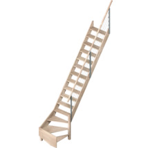 Scară din lemn cu întoarcere la un sfert, mână curentă și balustradă din cabluri.