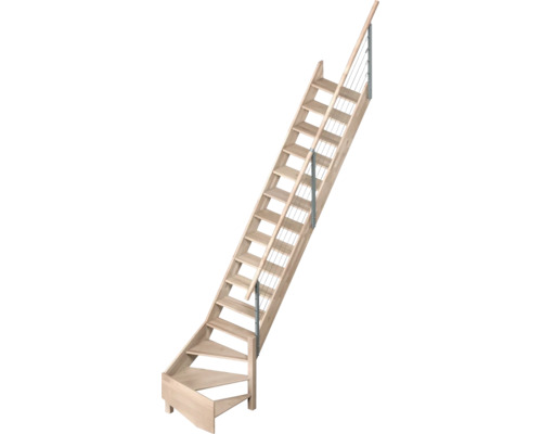 Scară din lemn cu întoarcere la un sfert, mână curentă și balustradă din cabluri.
