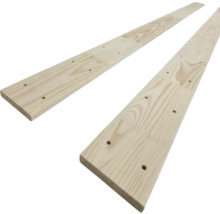Două scânduri din lemn cu găuri pre-perforate pentru bănci de saună sau construcții din lemn.
