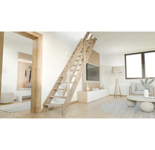 Amenajare de living modernă și luminoasă cu o scară din lemn, panouri de perete din lemn și mobilier minimalist.