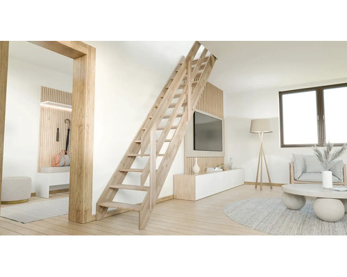 Amenajare de living modernă și luminoasă cu o scară din lemn, panouri de perete din lemn și mobilier minimalist.