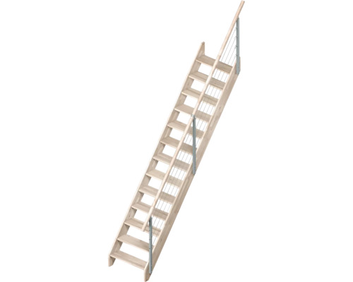 Scară dreaptă modulară din lemn deschis cu mână curentă și balustradă cu cabluri din oțel.