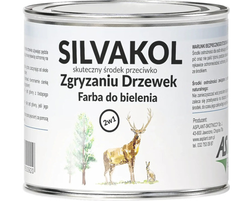 Vopsea de protecție Silvakol împotriva roadelor de animale sălbatice într-o cutie metalică