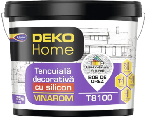 Tencuială decorativă cu silicon Deko Home Vinarom T8100, structură bob de orez, găleată de 25 kilograme.