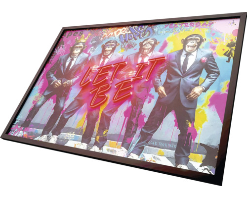 Imagine înrămată cu patru maimuțe în costume și inscripția Let It Be