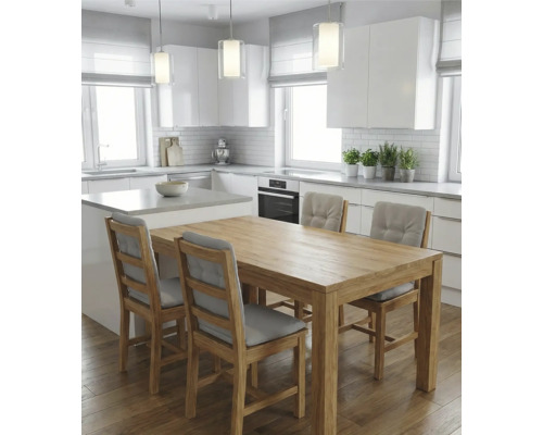 Bucătărie luminoasă cu masă și scaune sub lămpi suspendate