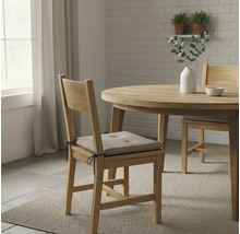 Grup de masă cu masă din lemn, scaune și perne de șezut într-o sufragerie luminoasă.