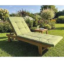 Scenă de grădină cu șezlong din lemn și husă verde pe gazon