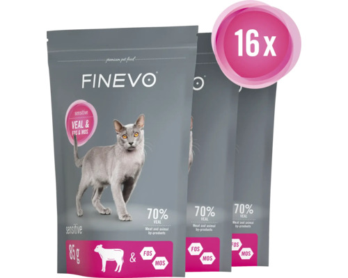 Trei pachete de hrană pentru pisici Finevo cu carne de vițel și aditivi, 16 bucăți