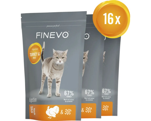 Trei pachete de hrană pentru pisici Finevo cu curcan și orez, pachet de 16