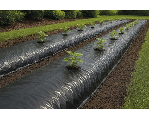Grădină de legume cu folie anti-buruieni și plante tinere