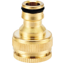 Conector pentru robinet din alamă cu mâner striat și inel de etanșare.