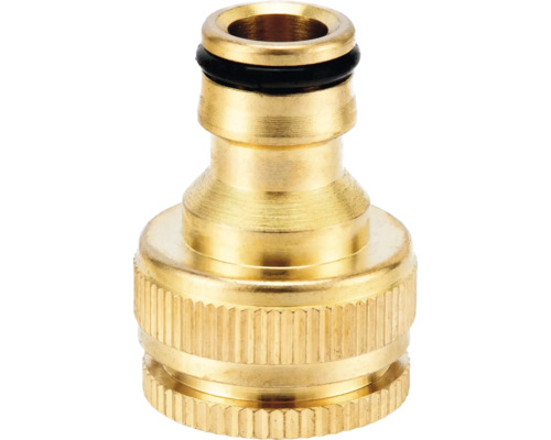 Conector pentru robinet din alamă cu mâner striat și inel de etanșare.