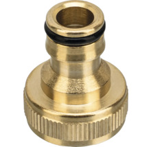 Conector de alamă pentru robinet pentru furtunuri de grădină cu inel de etanșare negru și bază striată.