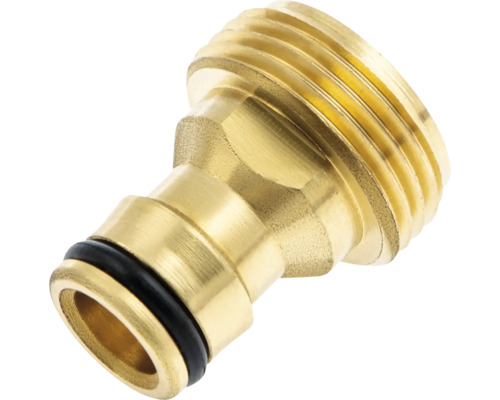 Conector pentru robinet din alamă cu filet exterior și garnitură de cauciuc.