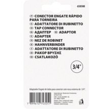 Partea din spate a ambalajului pentru un conector de robinet din alamă de 3/4 inci cu informații despre produs și cod de bare.