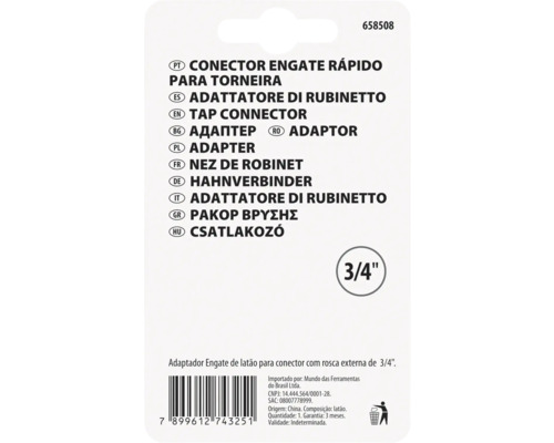 Partea din spate a ambalajului pentru un conector de robinet din alamă de 3/4 inci cu informații despre produs și cod de bare.
