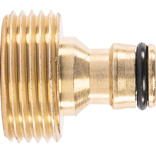 Conector de robinet din alamă cu filet exterior și mufă de cuplare cu inel de etanșare.