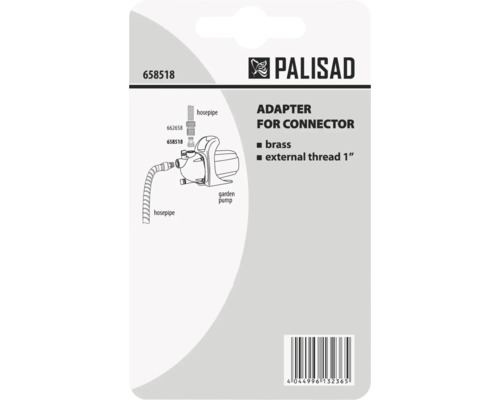 Palisad Logo, adaptor pentru conector din alamă cu filet exterior 1 inch, schemă de montaj pentru pompă de grădină și furtun.