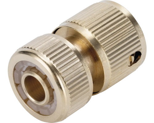 Conector de furtun din alamă pentru furtunuri de grădină cu suprafață de prindere striată.