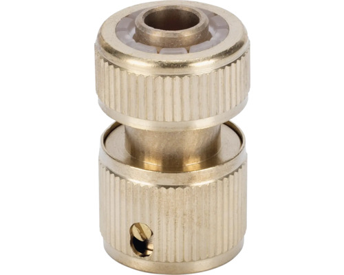 Conector de furtun din alamă cu suprafață striată și garnitură internă pentru irigarea grădinii.