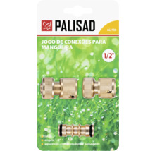 Set conectori pentru furtun din alamă 1/2 inch, 3 piese, Palisad, cu mufă rapidă, Aquastop și niplu dublu.