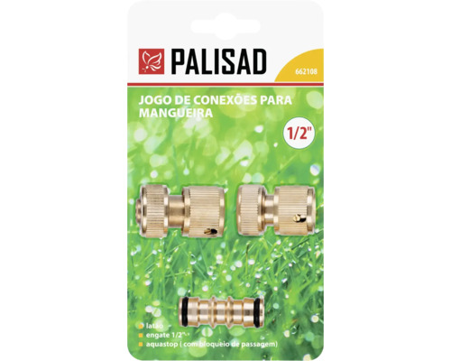 Set conectori pentru furtun din alamă 1/2 inch, 3 piese, Palisad, cu mufă rapidă, Aquastop și niplu dublu.