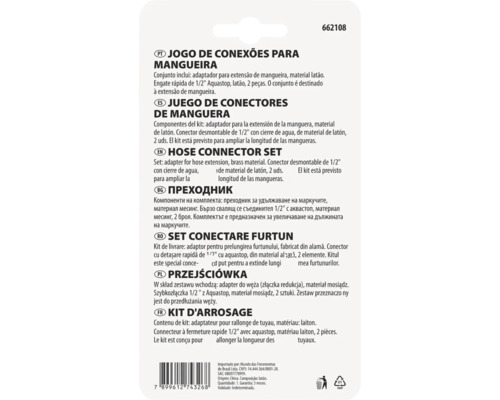 Informații despre produs pentru un set de conectare furtun din alamă, inclusiv adaptor și cuplaj rapid de 1/2 inch cu Aquastop.
