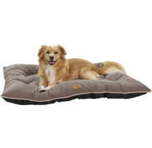 Câinele stă întins pe un pat gri pentru câini