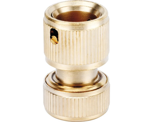 Conector de furtun din alamă pentru furtunuri de grădină cu suprafață striată.