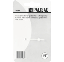 Conector din alamă Palisad cu funcție aquastop pentru furtunuri de grădină, 1/2 inch, Palisad Logo.