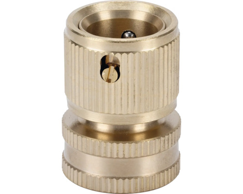 Conector pentru furtun din alamă cu suprafață striată și șurub de fixare.