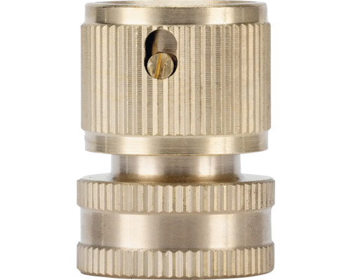 Conector pentru robinet din alamă cu suprafață striată și șurub de fixare.