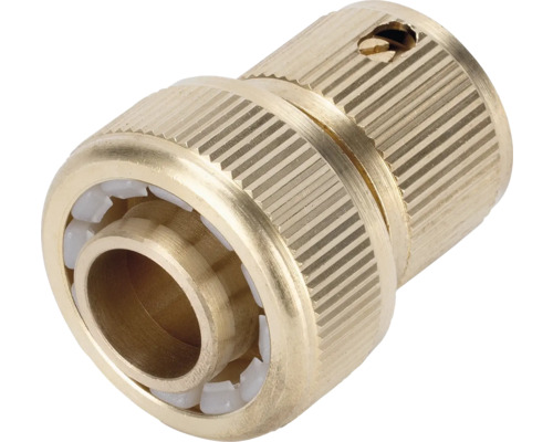 Conector pentru furtun din alamă cu suprafață de prindere striată.