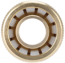 Conector de furtun din alamă cu segmente albe din plastic pentru sisteme de irigații.