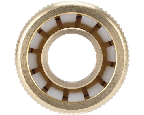 Conector de furtun din alamă cu segmente albe din plastic pentru sisteme de irigații.