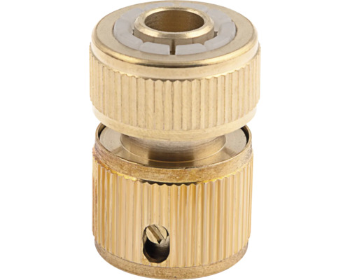 Conector de furtun din alamă pentru irigarea grădinii cu carcasă striată și inel de strângere.