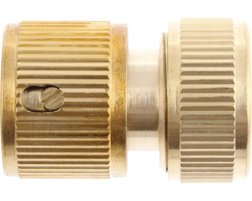 Conector de furtun din alamă pentru furtunuri de grădină cu suprafață striată pentru aderență.