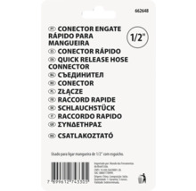 Partea din spate a ambalajului produsului pentru un conector de furtun 1/2 inch cu denumiri multilingve, cod de bare și simbol de eliminare.