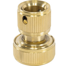 Conector de furtun din alamă cu suprafață striată și mecanism de blocare intern.