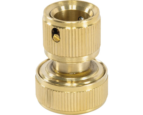 Conector de furtun din alamă cu suprafață striată și mecanism de blocare intern.