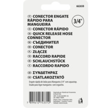 Partea din spate a ambalajului unui conector de furtun din alamă de 3/4 inch, cu cod de bare și descrieri ale produsului în mai multe limbi.