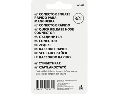 Partea din spate a ambalajului unui conector de furtun din alamă de 3/4 inch, cu cod de bare și descrieri ale produsului în mai multe limbi.